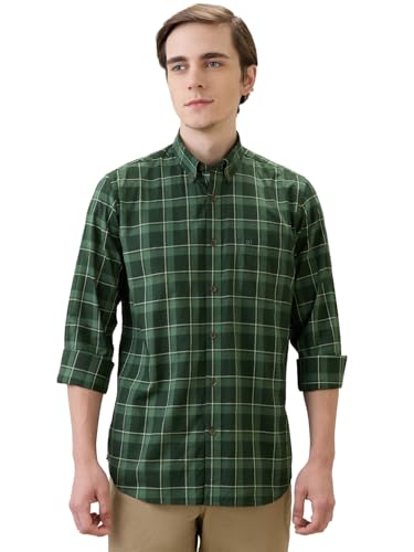 Raymond Men Regular Fit Checks Pattern Pure Cotton Button Down Collar Full Sleeve Casual Shirt Green
