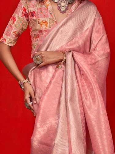 AKHILAM Women's Peach Tissue Ethnic Motif Printed Saree With Unstitched Blouse (KABYAA399005_RJ)