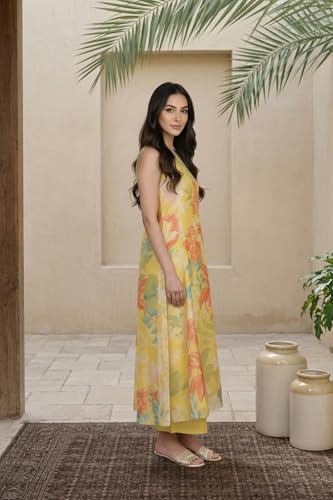 W for Woman Yellow Floral Printed Straight Kurta with Flared Pant and Dupatta Set - (WS13684-126969-M)