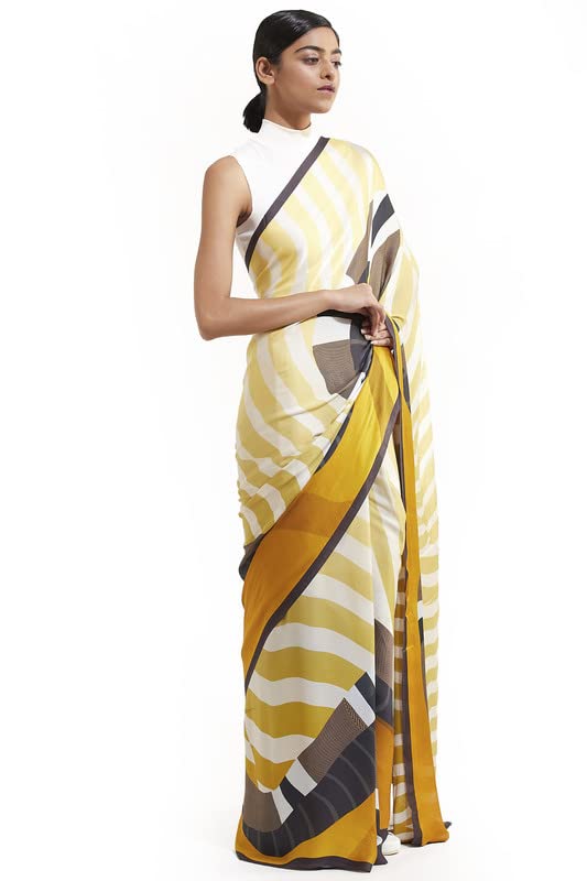 Satya Paul Yellow Satin Georgette Printed Saree with Blouse piece