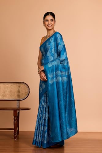 Taneira Women Blue Bengal Pure Tussar Silk Mukaish Saree with Unstitched Blouse Piece (SAIH01AC1472-Blue)
