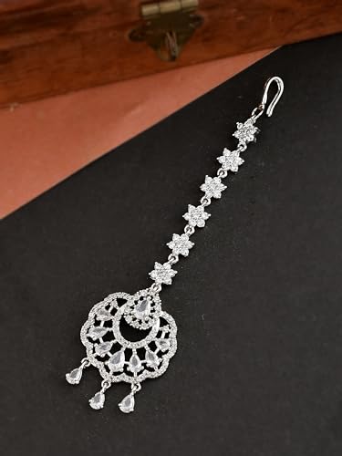 Silvermerc Designs Silver Plated White American Diamond Floral Maang Tikka for women/Girls
