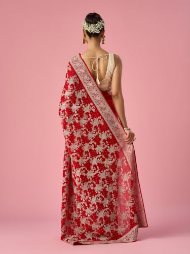 MOHEY Women's Red Organza Saree with Stone Work with Blouse Piece (Red)