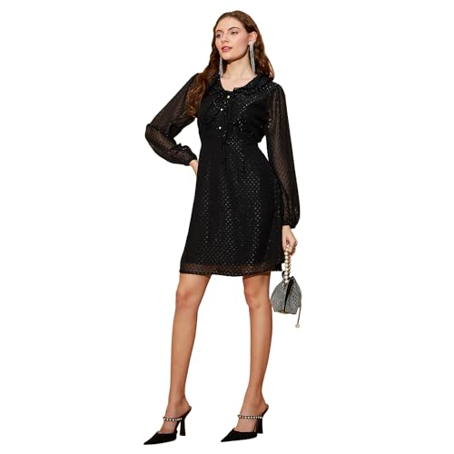 Carlton London Women's Georgette A-Line Above The Knee Dress (CL8028B_Black_M)