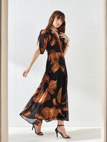 Latin Quarters Women's Brown Half Sleeves V-Neck Printed Casual Maxi Dress_S