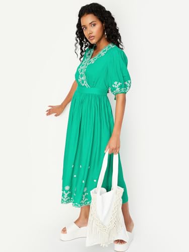 max Women's Rayon A-Line Midi Dress (Green)