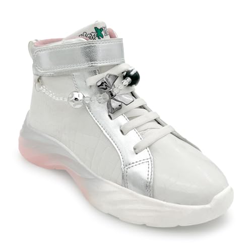 KazarMax Hopits Rise High-Top Sneakers for Kids Girls White with Silver Accents Removable Charms -11 Kids UK