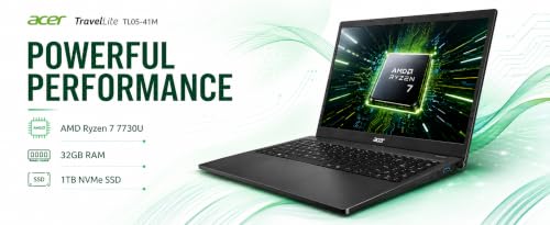 Acer TravelLite TL05-41M Smart Laptop | 15.6" FHD Display | AMD Ryzen 7 7730U | 32GB RAM | 1TB NVMe SSD | AMD Radeon Graphics | Windows 11 + MS Office 2024 | Wi-Fi 6 | 3-Year Warranty | Black