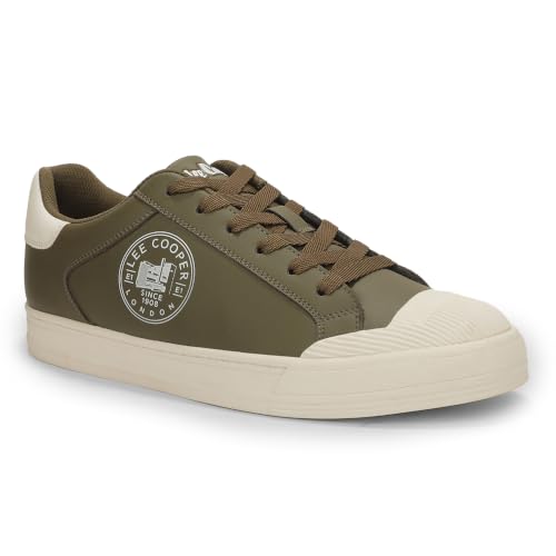 Lee Cooper Men's Olive Leather Sneakers – Lace-Up Casual Sports Shoes
