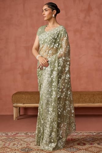 Soch Womens Sap Green Georgette Embroidered Saree