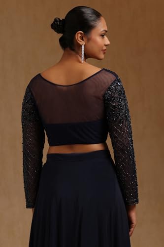 Soch Womens Navy Blue Spandex Solid Ready To Wear Saree