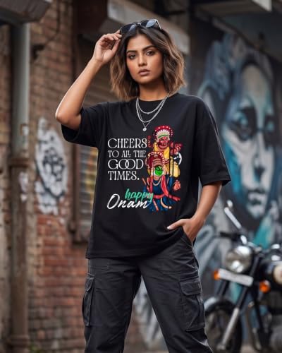 BRATMAZ Women's Happy Onam Graphic Printed Oversized Black T-Shirt