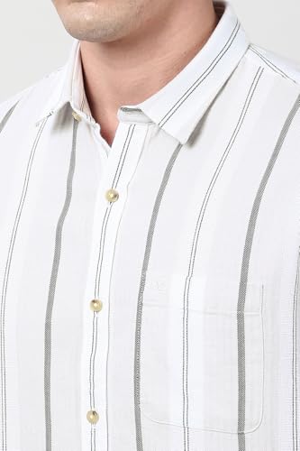 Peter England Cotton Linen Blend Shirt for Men – Full Sleeves, Subtle Stripes Beige