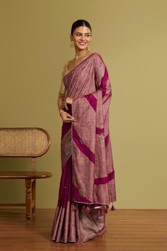 Taneira Women Purple Viscose Embroidered Saree with Unstitched Blouse Piece (SAIP01AC1417-Purple)