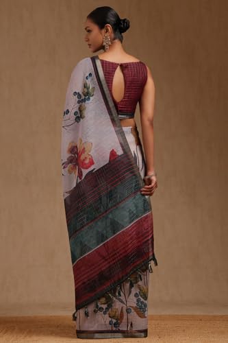 Soch Womens Powder Blue Linen Botanical Print Saree