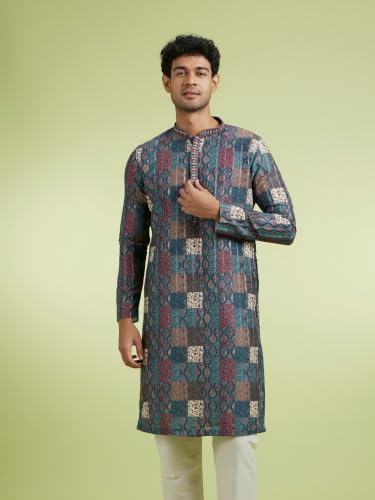 DIWAS BY MANYAVAR Men's Art Silk Printed Festive Kurta Set (2pc) (Green, XL)