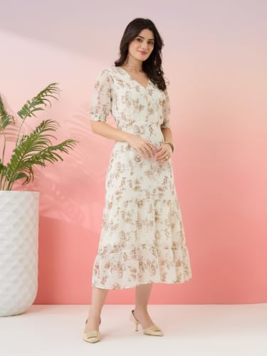 Latin Quarters Women's Off White Printed V-Neck Half Sleeves Casual Fit & Flare Dress_M