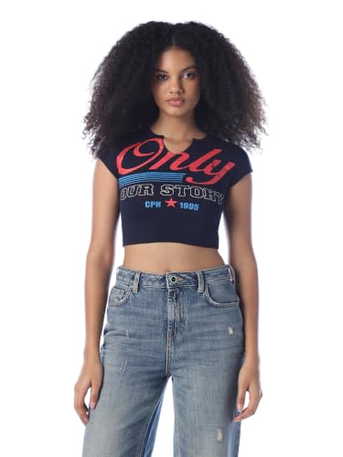 ONLY Women's Typographic Slim Fit Navy Blue T-Shirt