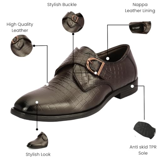 Leatherful Single Monk Strap Shoe, Genuine Leather, Black, TPR Sole, Nappa Leather Lining, (Croco Brown, UK Footwear Size System, Adult, Men, Numeric, Medium, 9)
