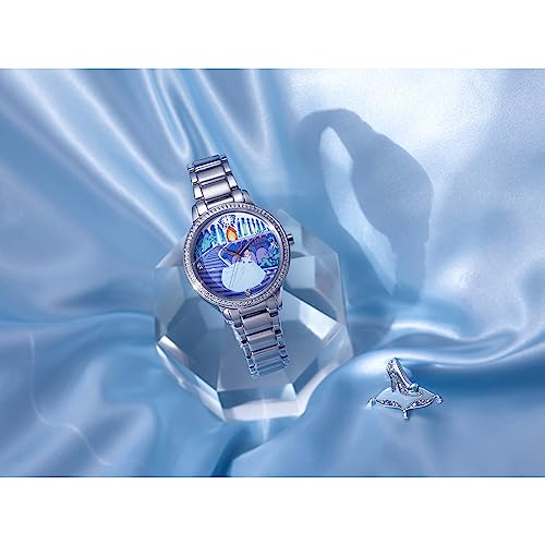 Citizen Women's Eco-Drive Disney Princess Cinderella Crystal Watch and Pin Gift Set in Silver Stainless Steel Watch, Blue Dial (Model: FE7041-51W), Silver, 5 1/2 inches, Modern