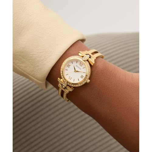 Guess Gb Delphine Analog Watch for Woman with White Round Dial & Gold Tone Recycled Steel Bracelet Band Water Resistant Women's Wrist Watches - GW0864L2