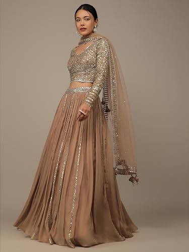 Zeel Clothing Women's Sequins Zari Embroidered Georgette Lehenga Choli With Dupatta (7090-Women-Lehenga-Choli-Latest; Free size) (Beige)