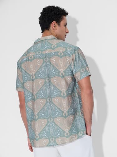 The Souled Store Holiday Shirt: Indie Men and Boys Short Sleeves Collared Neck Button Front Blue All Over Printed Cotton Blend Regular Fit Holiday Shirts