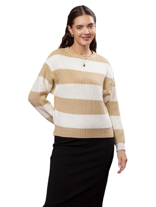 Style Dusk Womens 100% Wool Color Block Stripe Full Sleeve Round Neck Pullover Sweater for Winter Season (in, Alpha, M, Camel)