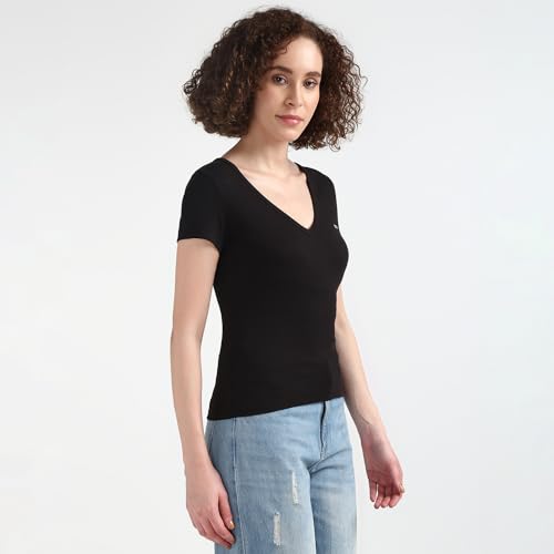 Tommy Hilfiger Black Textured V-Neck Half Sleeve T-Shirt