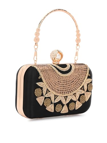 TOOBA Black Synthetic Clutch Bag for Women – Embroidered Sequin Detailing with Pearl Clasp, Perfect for Festival, Receptions & Parties