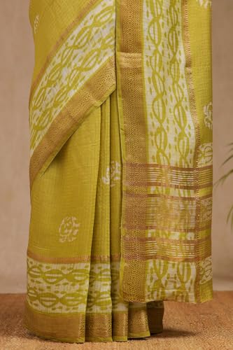 Soch Womens Light Green Art Silk Batik Print Saree With Zari Woven