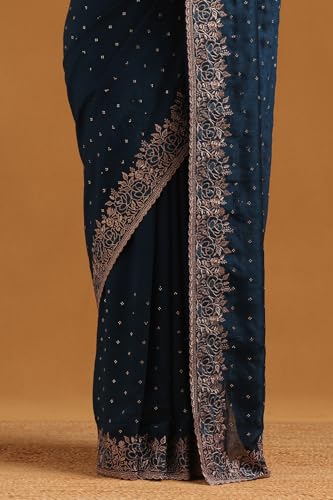 Soch Womens Blue Tussar Embellished Saree With Stone Work
