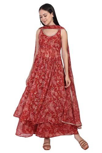 W for Woman Red Floral Print Zari Work Anarkali Chiffon Kurta with Flared Pant and Dupatta Set (WS13165-126056-M)