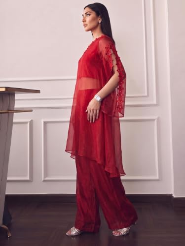 Varanga Women Ombre Red A Line Kurta Palazzos Set One Shoulder Sleeveless