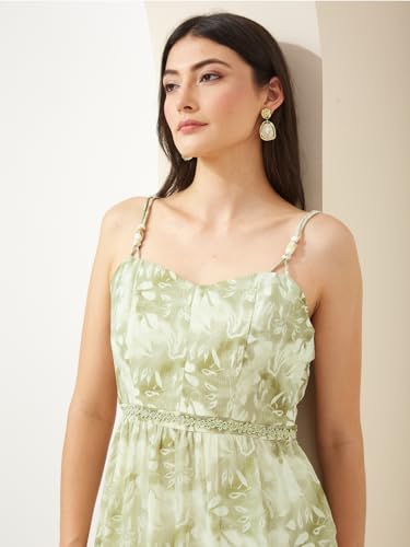 Latin Quarters Women Green Sweetheart Sleeveless A-Line Printed Casual Dress_S