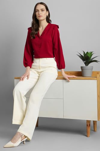 Van Heusen Women Polyester Solid Regular Fit Shirt (VWSFFRGFI10149_Red, Large