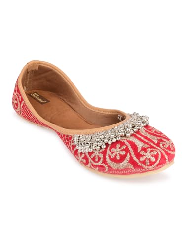 DESI COLOUR Flat Footwear/Mojari/Punjabi Jutti/Bellies for Women - Red Embroidered Gungroo (8)