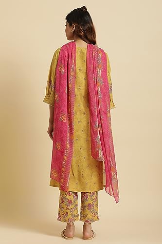 W for Woman Yellow Floral Printed Kurta, Pants and Pink Dupatta Set_24AUWS19723-121076_L