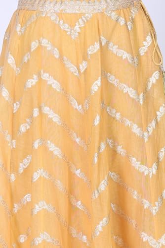 Aurelia Women's Pista Green and Yellow Embroidered Jacquard Blouse with Lehenga and Dupatta Set - (AD10759-706231-M)