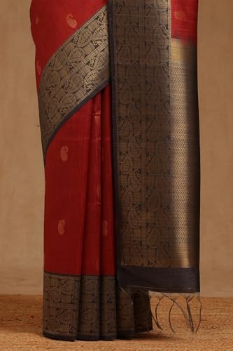 Soch Womens Deep Red Tussar Paisley Zari Woven Saree