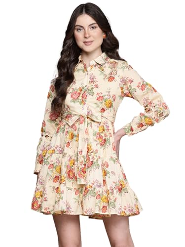 Label RITU KUMAR Collar Neck Full Sleeves Printed Short Dress with Belt Ecru