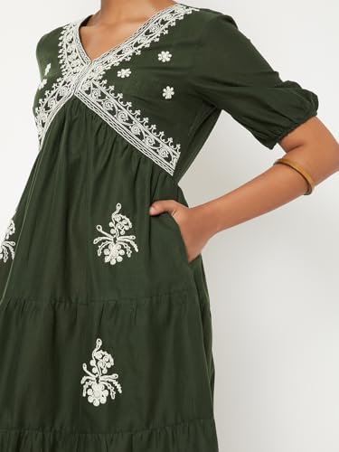 Max Women Embroidered Tiered Dress (Green_M)
