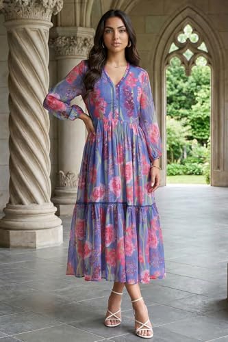 W for Woman Blue Floral Printed Chiffon Flared Dress - (W13789-125340-L)