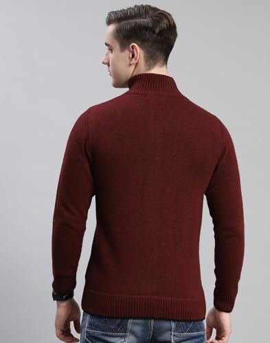 Monte Carlo Mens Maroon Solid Stand Collar Full Sleeve Wool Blend Casual Sweater | Warm Woolen Pullover for Men | Soft Comfortable Knitted Winter Wear Sweater for Men's