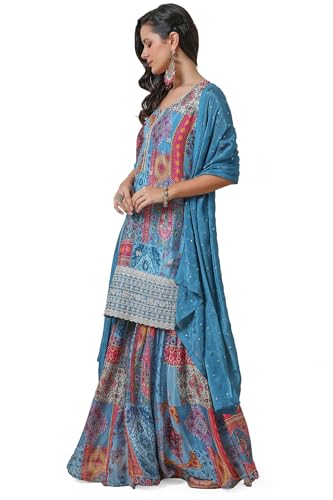 Soch Womens Powder Blue Ethnic Motifs Print Chinon Suit Set