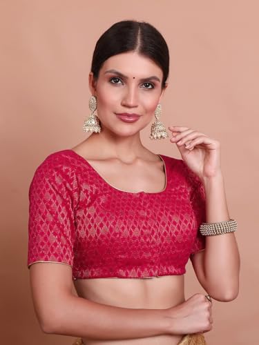 S SALWAR STUDIO Pink Brocade Round Neck Readymade Padded Blouse