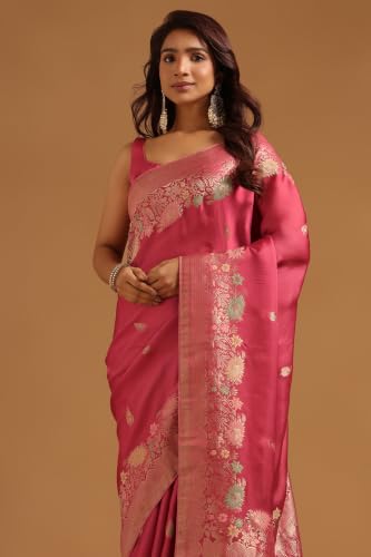 Soch Womens Onion Pink Satin Botanical Zari Woven Saree