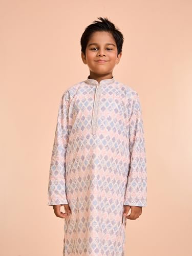 Manyavar Boys Cotton Blend Chikankari Printed & Sequinned Kurta Pyjama Set (Warm White,2-3Y)