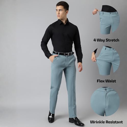 SUBTRACT Men 4 Way Stretch Wrinkle Free Slim Fit Formal Trouser in PowderBlue with 2 Inch Flexible Waistband | Men's Trousers for Office Or Party (PowderBlue,38)