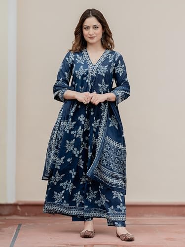 Arayna Women’s Pure Cotton Handblock Ethnic Printed Kurta Set with Pants & Dupatta - Indigo Blue, Small